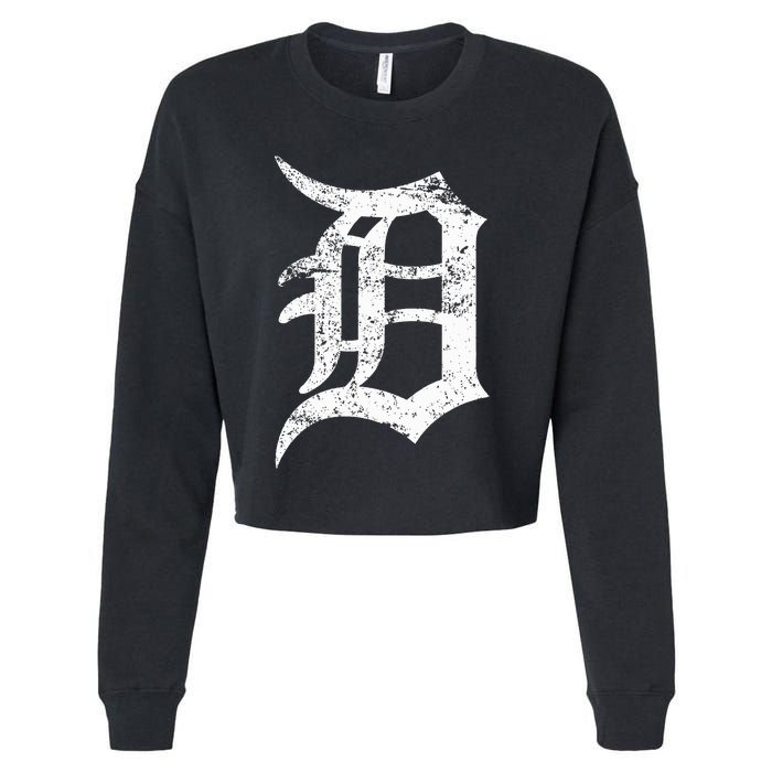 Distressed Detroit D Lettering Design Cropped Pullover Crew