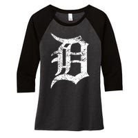 Distressed Detroit D Lettering Design Women's Tri-Blend 3/4-Sleeve Raglan Shirt