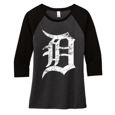 Distressed Detroit D Lettering Design Women's Tri-Blend 3/4-Sleeve Raglan Shirt