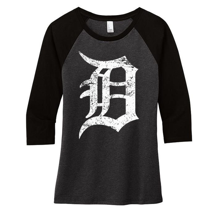 Distressed Detroit D Lettering Design Women's Tri-Blend 3/4-Sleeve Raglan Shirt