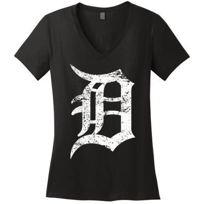 Distressed Detroit D Lettering Design Women's V-Neck T-Shirt