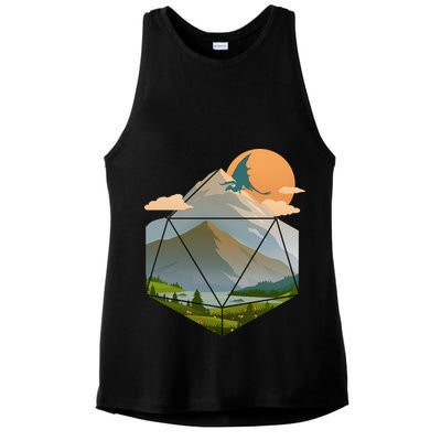 Dungeons Dragons DnD D20 Dice Mountain Nature Scene Ladies PosiCharge Tri-Blend Wicking Tank