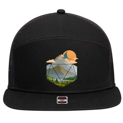 Dungeons Dragons DnD D20 Dice Mountain Nature Scene 7 Panel Mesh Trucker Snapback Hat