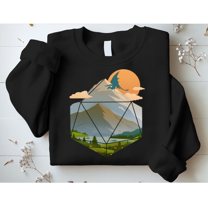 Dungeons Dragons DnD D20 Dice Mountain Nature Scene Sweatshirt