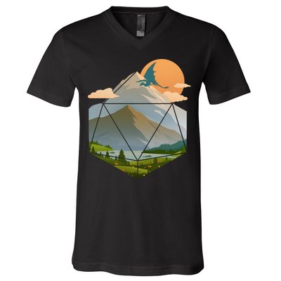 Dungeons Dragons DnD D20 Dice Mountain Nature Scene V-Neck T-Shirt