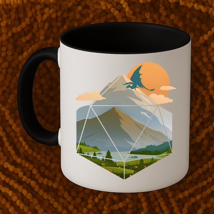 Dungeons Dragons DnD D20 Dice Mountain Nature Scene Mug
