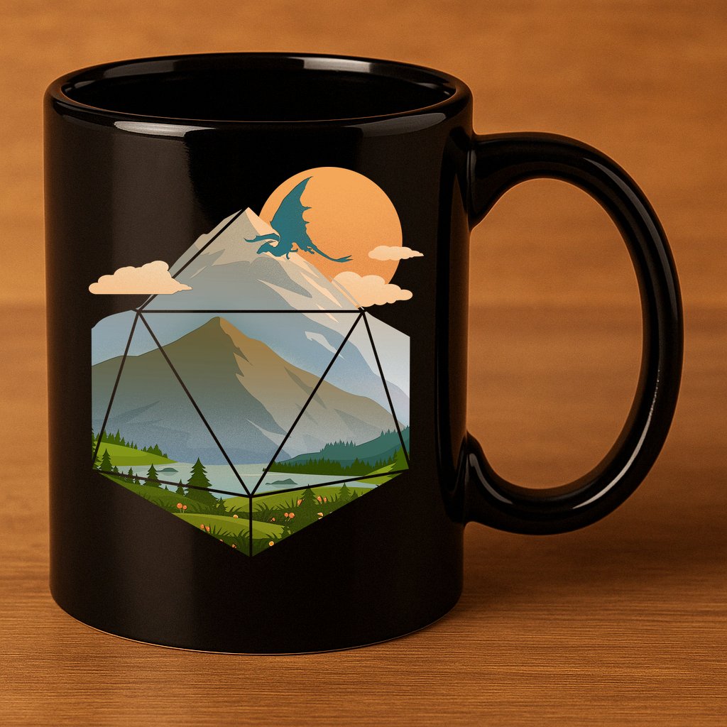Dungeons Dragons DnD D20 Dice Mountain Nature Scene 11oz C Handle Ceramic Mug