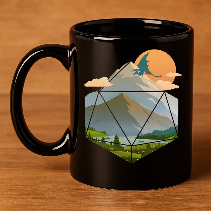 Dungeons Dragons DnD D20 Dice Mountain Nature Scene 11oz C Handle Ceramic Mug