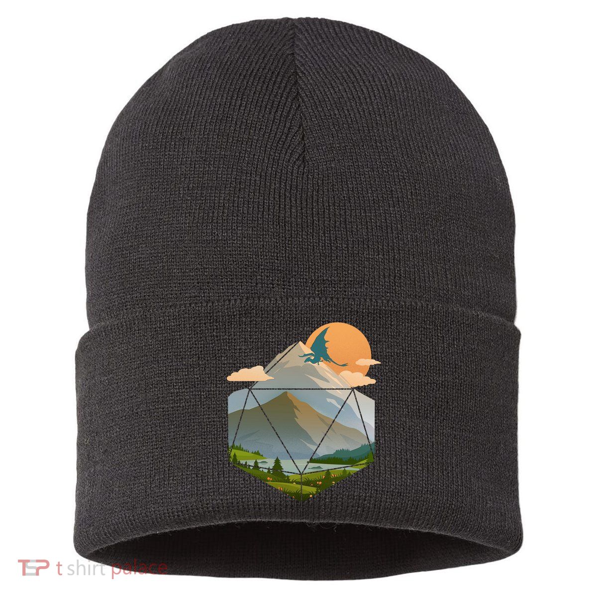 Dungeons Dragons DnD D20 Dice Mountain Nature Scene Sustainable Knit Beanie