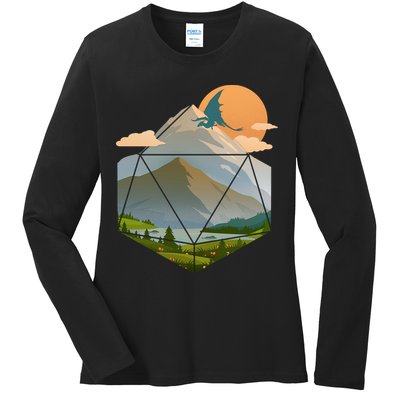 Dungeons Dragons DnD D20 Dice Mountain Nature Scene Ladies Long Sleeve Shirt