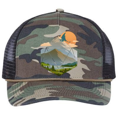 Dungeons Dragons DnD D20 Dice Mountain Nature Scene Retro Rope Trucker Hat Cap