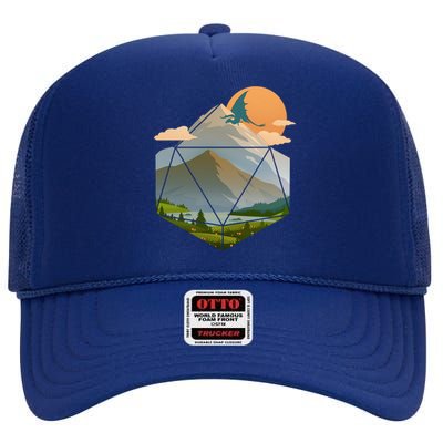 Dungeons Dragons DnD D20 Dice Mountain Nature Scene High Crown Mesh Back Trucker Hat