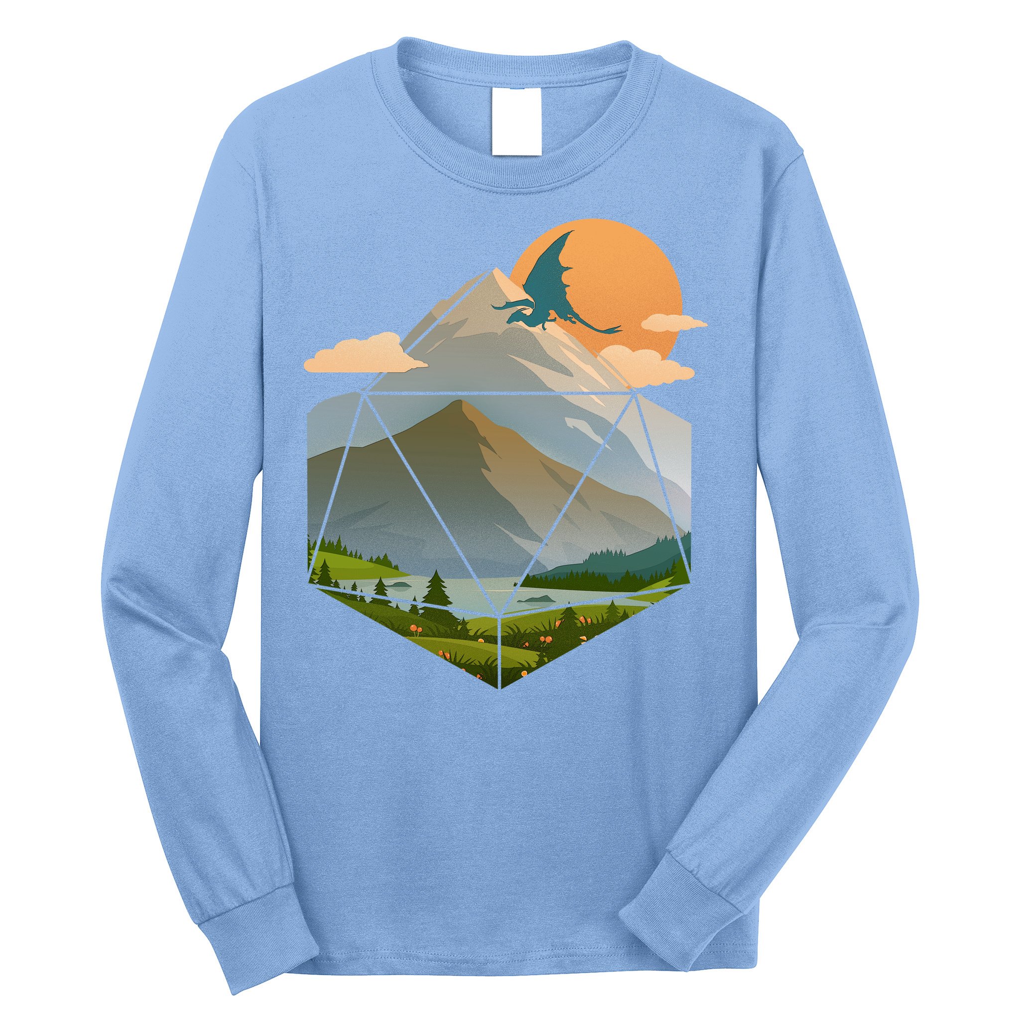 Dungeons Dragons DnD D20 Dice Mountain Nature Scene Long Sleeve Shirt