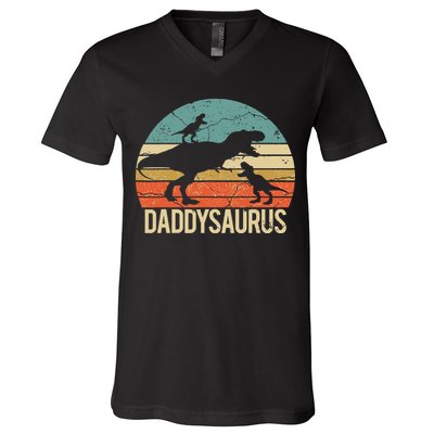 Daddy Dinosaur Daddysaurus 2 Two Christmas For Dad V-Neck T-Shirt