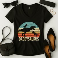 Daddy Dinosaur Daddysaurus 2 Two Christmas For Dad Women's V-Neck T-Shirt