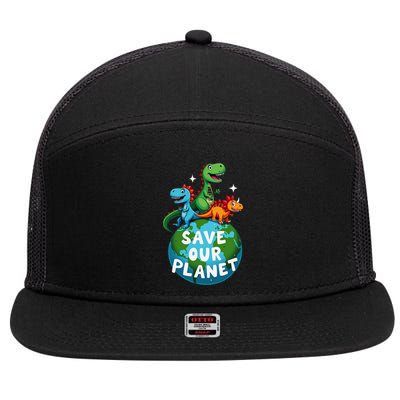 Determined Dino Earth Save Our Planet 7 Panel Mesh Trucker Snapback Hat