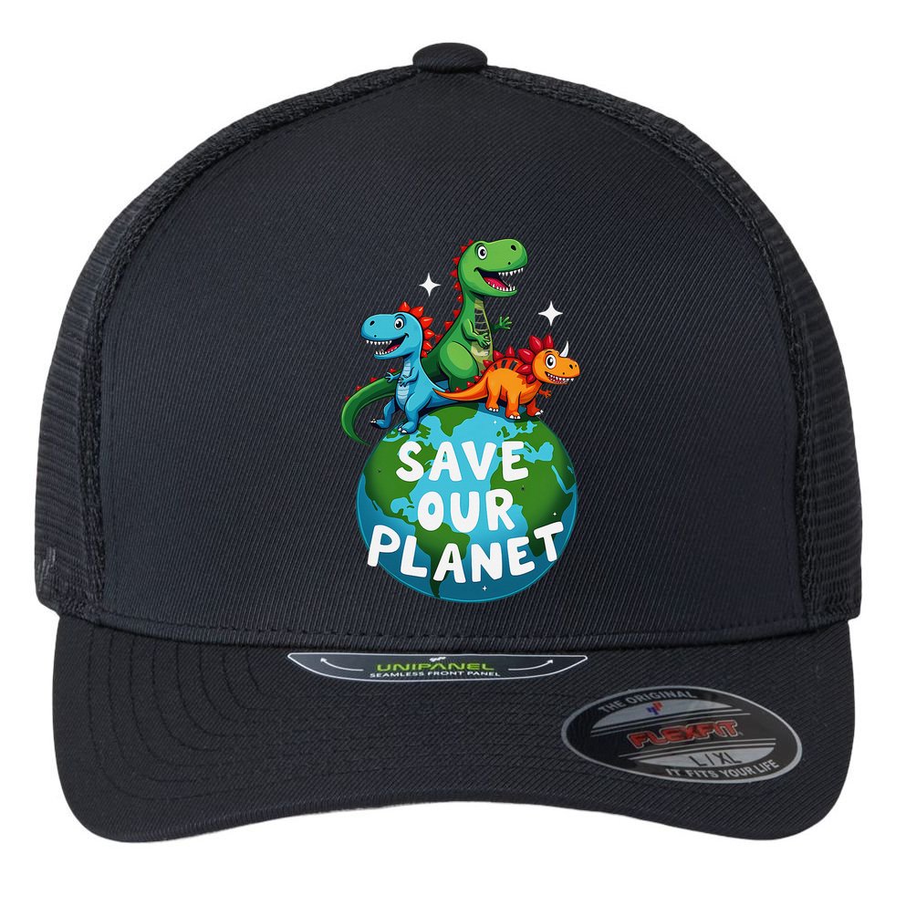 Determined Dino Earth Save Our Planet Flexfit Unipanel Trucker Cap
