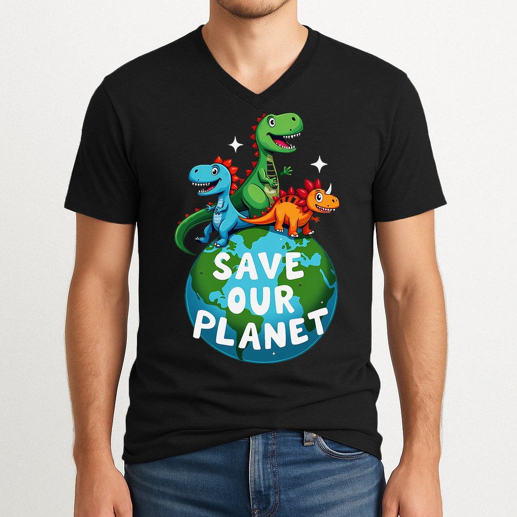 Determined Dino Earth Save Our Planet V-Neck T-Shirt
