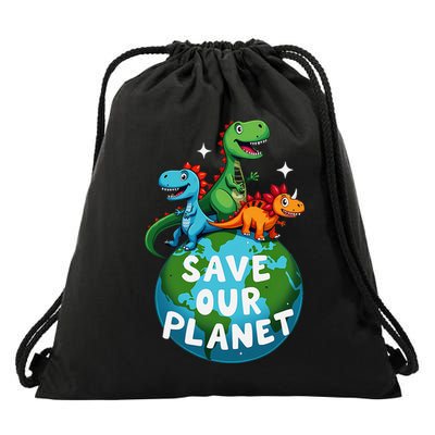 Determined Dino Earth Save Our Planet Drawstring Bag