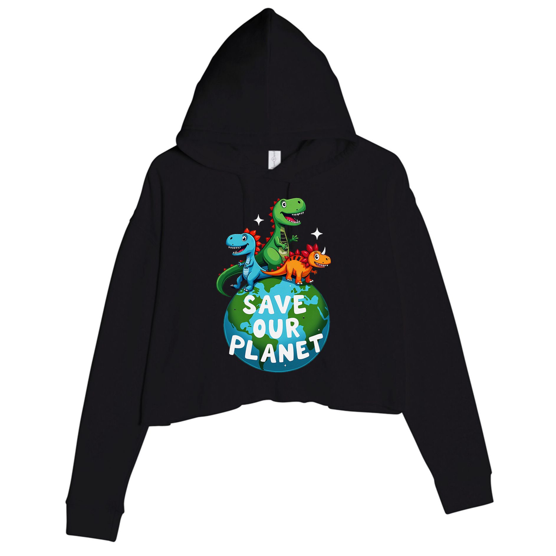 Determined Dino Earth Save Our Planet Crop Fleece Hoodie