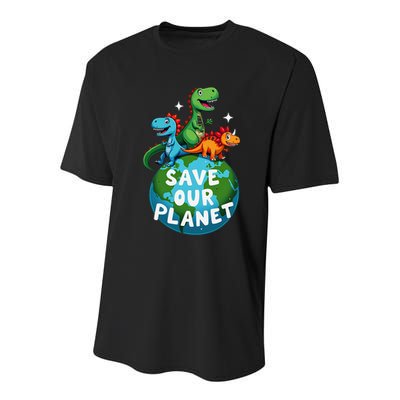 Determined Dino Earth Save Our Planet Youth Performance Sprint T-Shirt