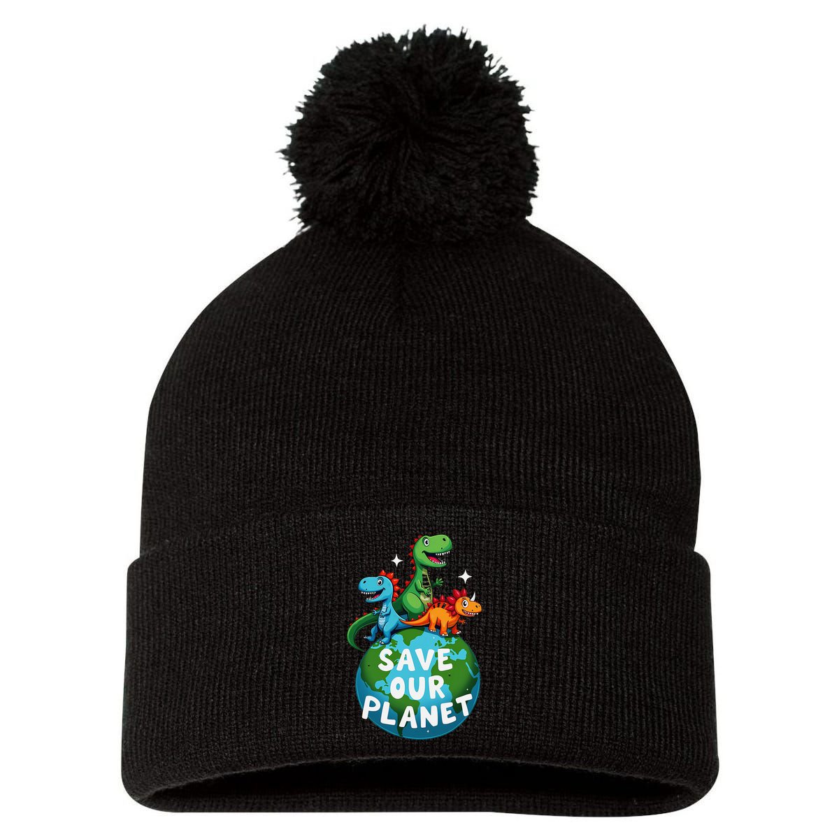 Determined Dino Earth Save Our Planet Pom Pom 12in Knit Beanie