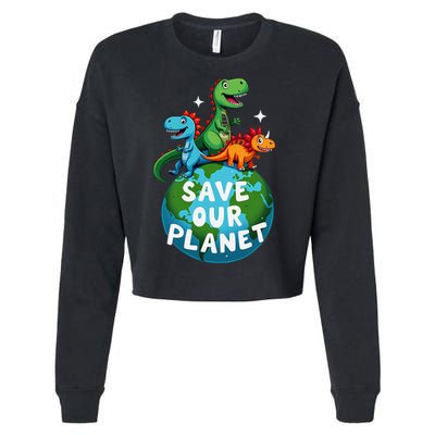 Determined Dino Earth Save Our Planet Cropped Pullover Crew