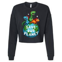 Determined Dino Earth Save Our Planet Cropped Pullover Crew