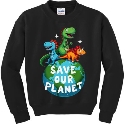 Determined Dino Earth Save Our Planet Kids Sweatshirt