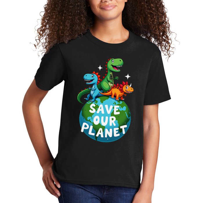 Determined Dino Earth Save Our Planet Kids T-Shirt