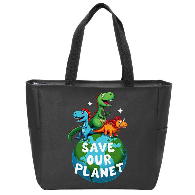 Determined Dino Earth Save Our Planet Zip Tote Bag