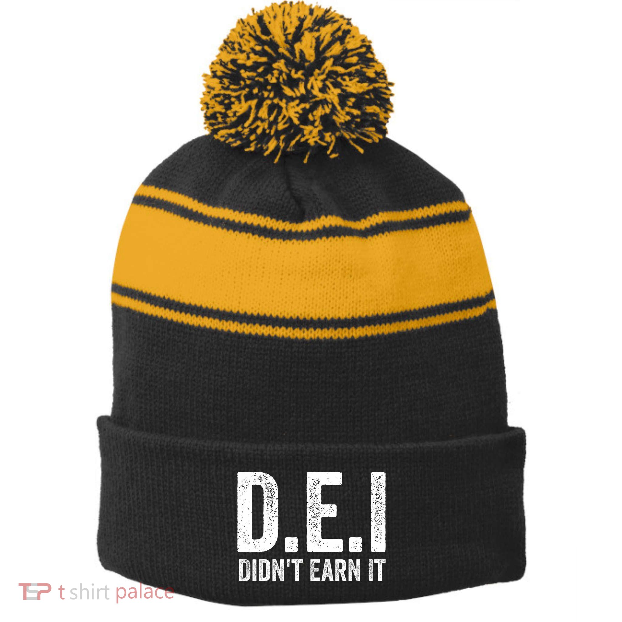 Dei DidnT Earn It Funny Humor Stripe Pom Pom Beanie