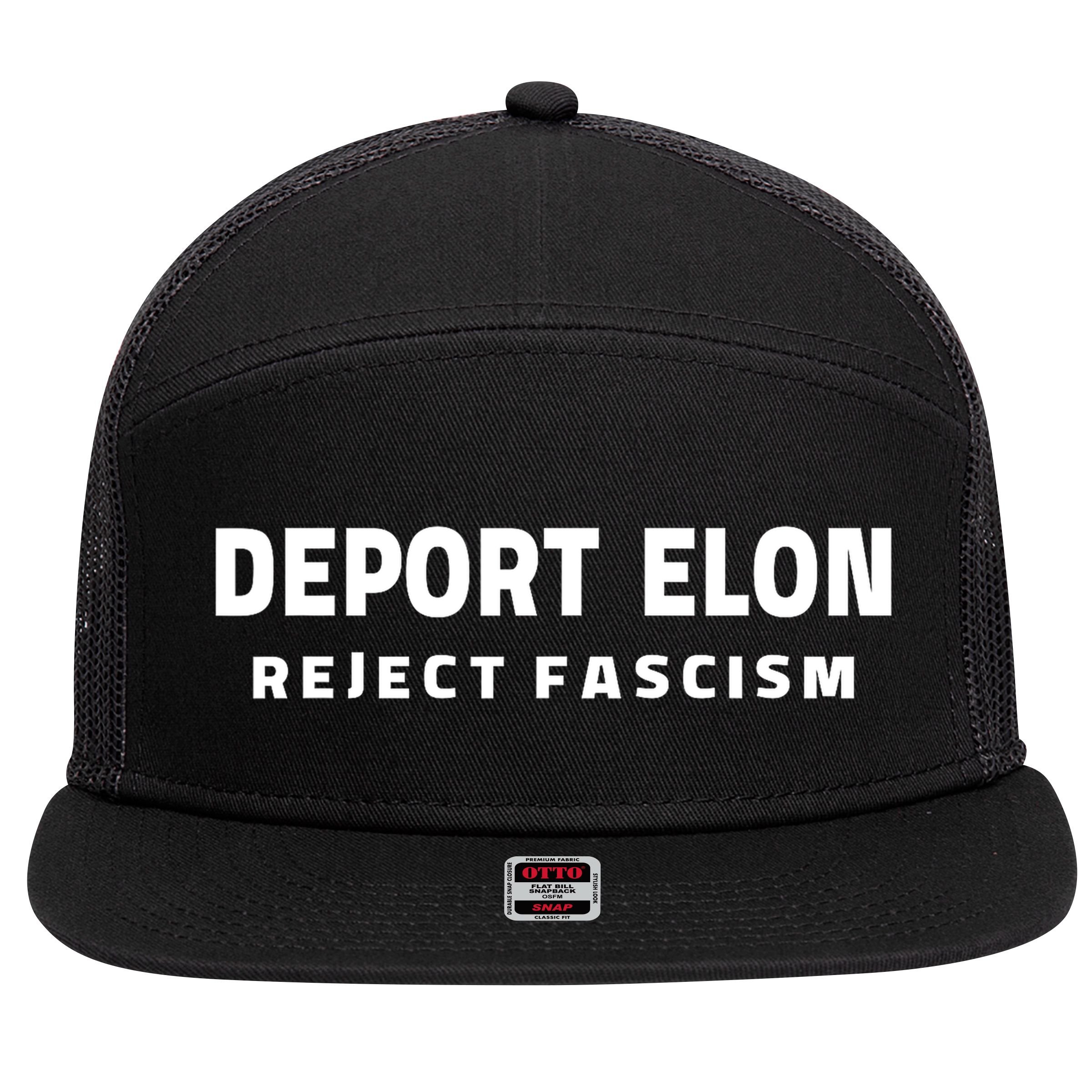 Deport Deporte Elon Reject Fascism  7 Panel Mesh Trucker Snapback Hat