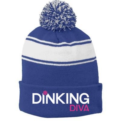 Dinking Diva Funny Pickleball Breast Cancer Awareness Gift Stripe Pom Pom Beanie