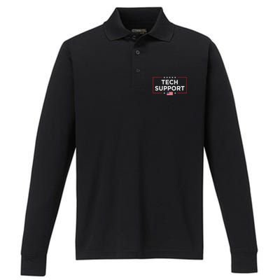 D.O.G.E Doge Funny Tech Support Us American Flag Performance Long Sleeve Polo