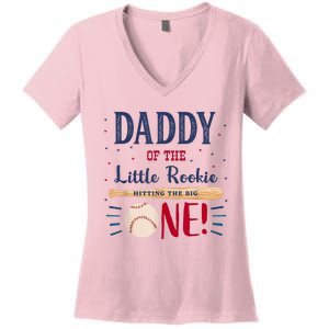 Daddy Dad First Birthday Little Rookie Baseball The Big One Women's V-Neck T-Shirt