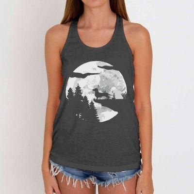 Dachshund Dog Full Moon At Night Pet Dogie Wiener Dog Women's Knotted Racerback Tank