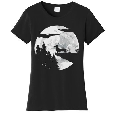 Dachshund Dog Full Moon At Night Pet Dogie Wiener Dog Women's T-Shirt