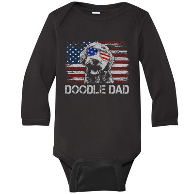 Doodle Dad Goldendoodle Dog American Flag 4th Of July Baby Long Sleeve Bodysuit