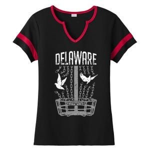 Delaware Disc Golf Player Breaking Chains Birdie Gift Ladies Halftime Notch Neck Tee