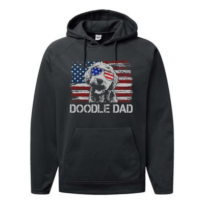 Doodle Dad Goldendoodle Dog American Flag 4th of July Performance Fleece Hoodie