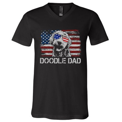 Doodle Dad Goldendoodle Dog American Flag 4th of July V-Neck T-Shirt