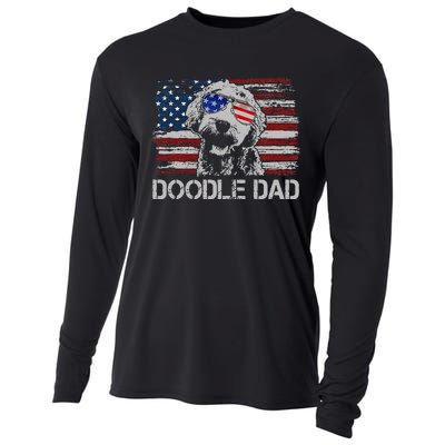 Doodle Dad Goldendoodle Dog American Flag 4th of July Cooling Performance Long Sleeve Crew