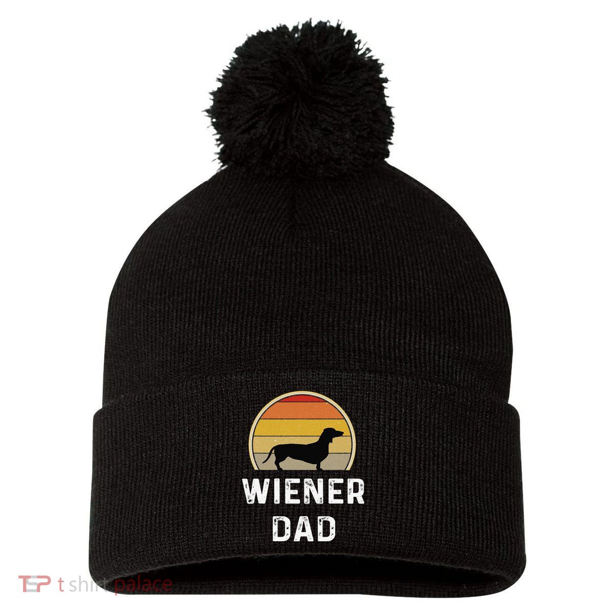 Dog Dad Gift Retro Vintage Dachshund Puppy Pom Pom 12in Knit Beanie