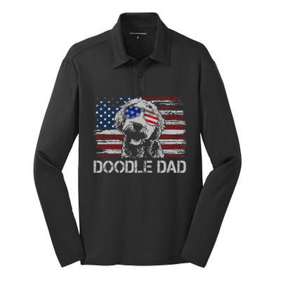 Doodle Dad Goldendoodle Dog American Flag 4th Of July Silk Touch Performance Long Sleeve Polo