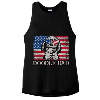 Doodle Dad Goldendoodle Dog American Flag 4th of July Ladies PosiCharge Tri-Blend Wicking Tank