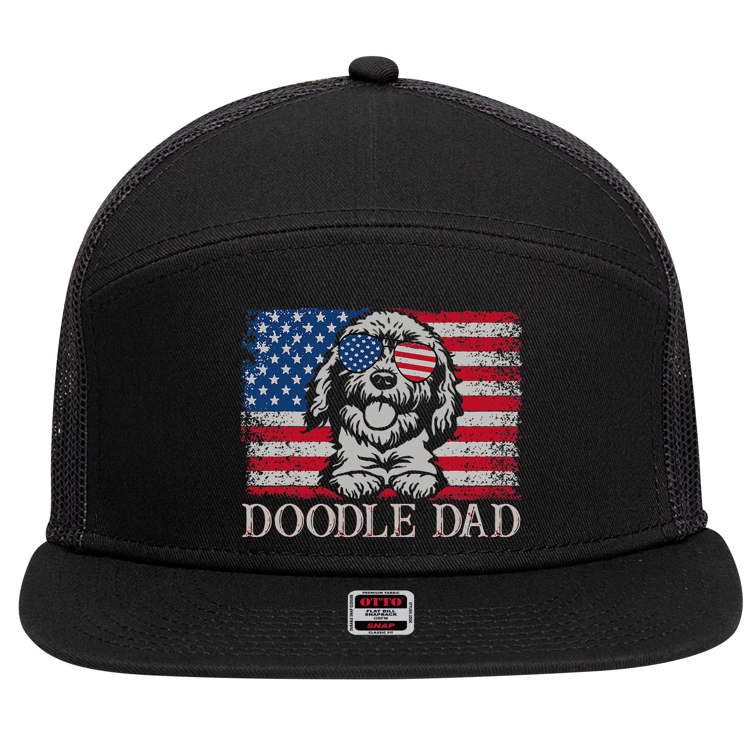 Doodle Dad Goldendoodle Dog American Flag 4th of July 7 Panel Mesh Trucker Snapback Hat