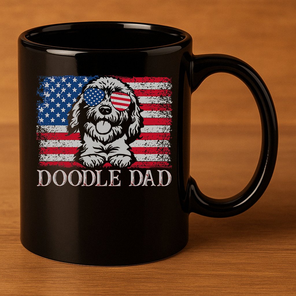 Doodle Dad Goldendoodle Dog American Flag 4th of July 11oz C Handle Ceramic Mug