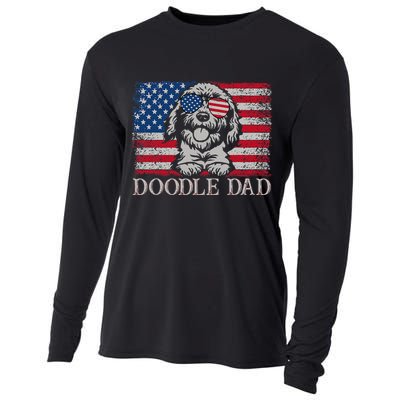 Doodle Dad Goldendoodle Dog American Flag 4th of July Cooling Performance Long Sleeve Crew