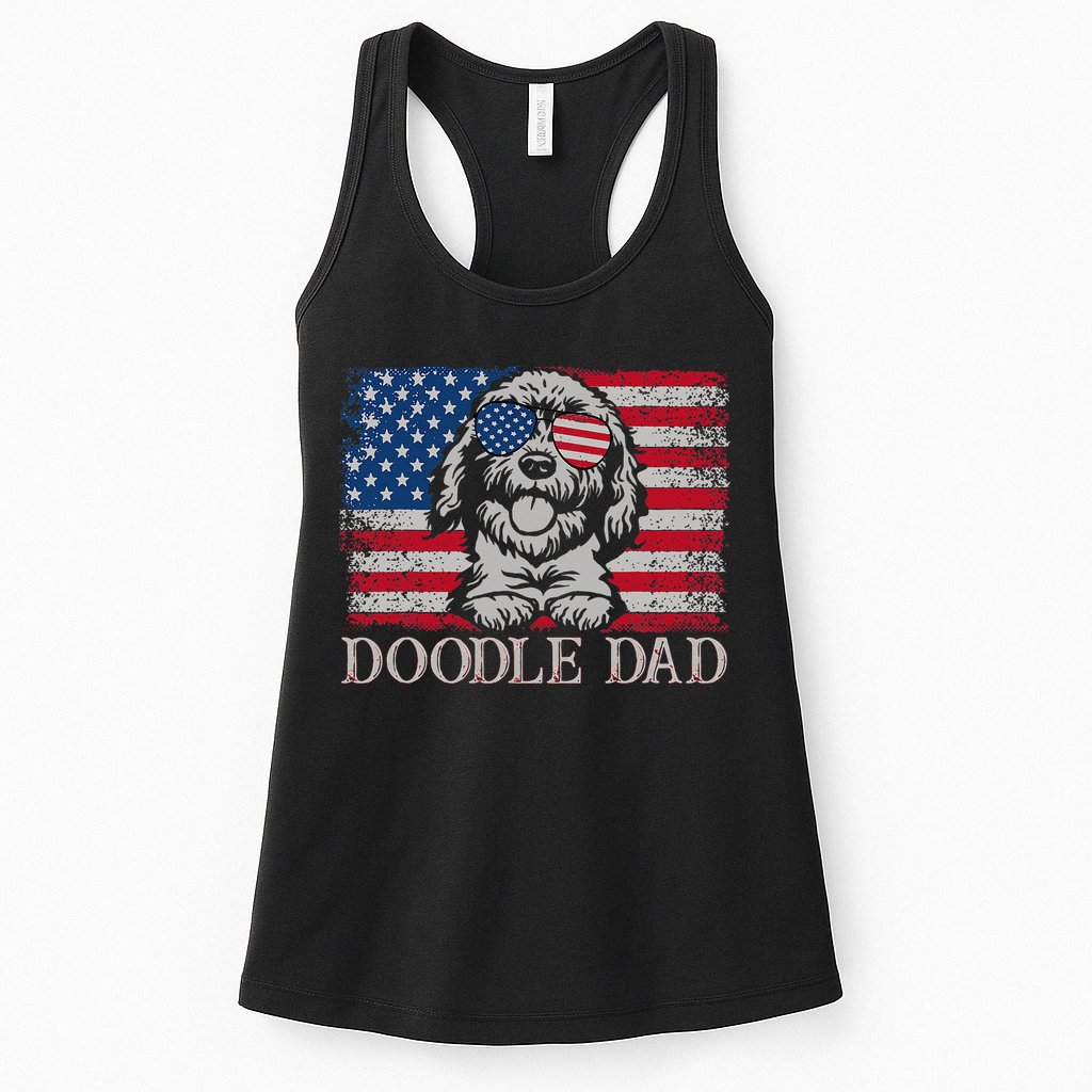 Doodle Dad Goldendoodle Dog American Flag 4th of July Womens Tank Top
